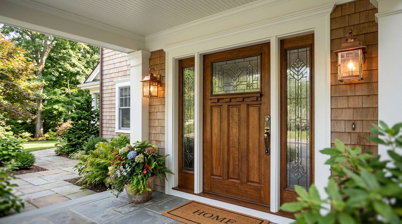 Craftsman fiberglass entry door with sidelights